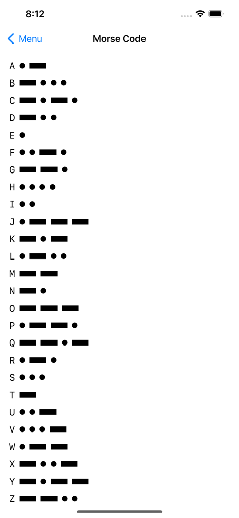 Radio Reference - Tabela de referência de código Morse mostrando letras e seus correspondentes pontos e traços