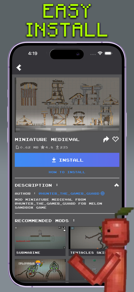 Mods for Melon Playgrounds - Pantalla de smartphone mostrando la interfaz de instalación fácil para un mod medieval en la aplicación Melon Playgrounds.