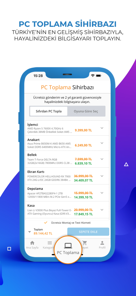 Mobile app interface showing a PC building wizard with a list of computer components and prices