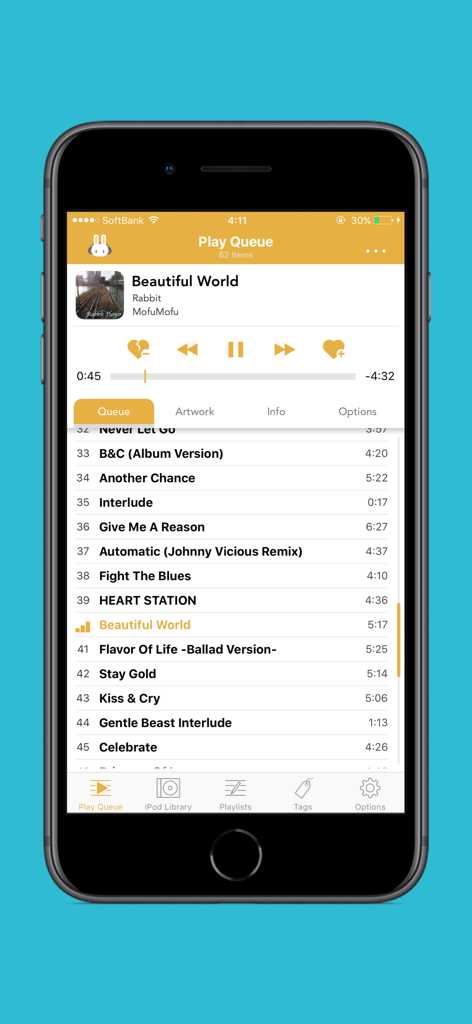 Rabbit Player - Interface do aplicativo móvel Rabbit Player mostrando a fila de reprodução de música e os controles de reprodução em um iPhone