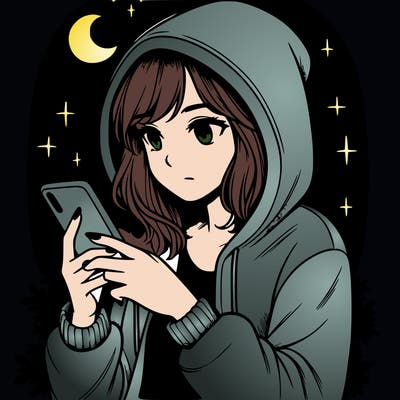 girl with hoodie on the phone texting realistic at night