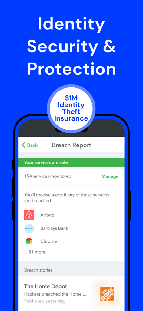 F-Secure Mobile Security app interface displaying identity theft insurance and a data breach monitoring report.