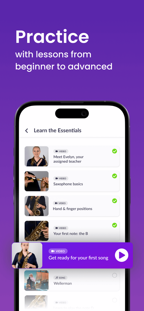 Learn Saxophone - tonestro - A smartphone displaying a list of beginner saxophone video lessons within the tonestro app