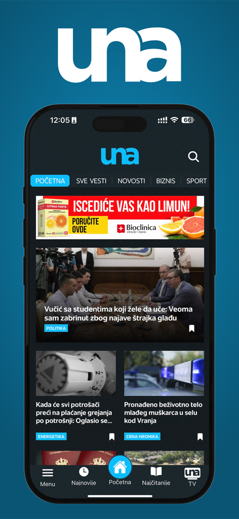UNA TV - Página inicial do aplicativo móvel UNA TV exibindo notícias e categorias dos Bálcãs