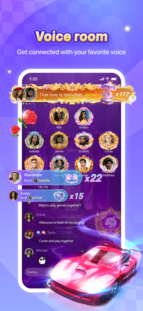 FunUp app interface showing a voice room with multiple user profiles and live chat