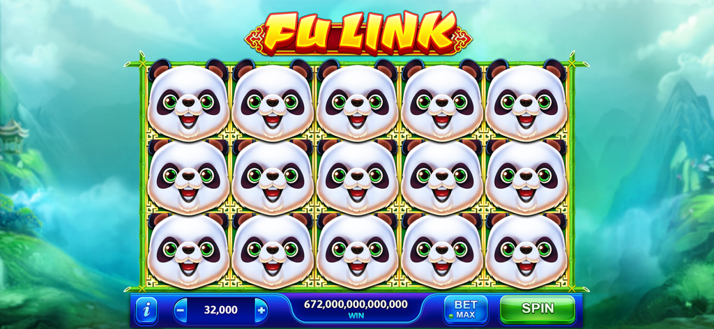 Golden Slots:Vegas Casino Game - Fu Linkスロットマシンのビッグウィン画面、笑顔のパンダシンボルが並ぶ