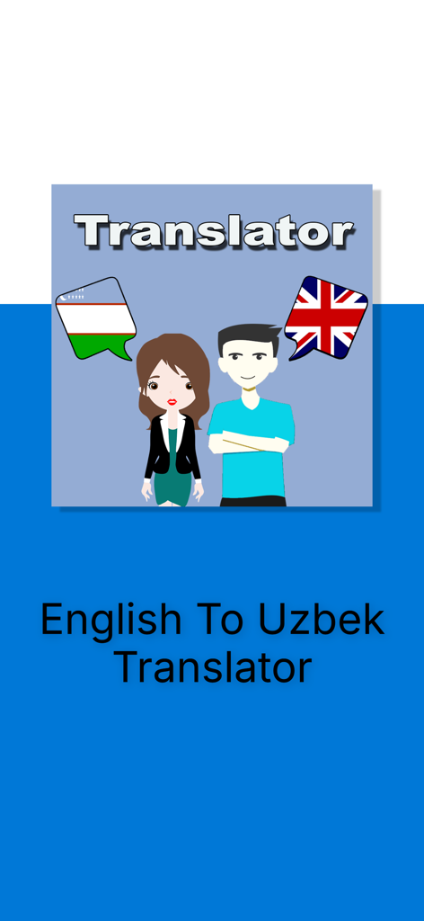 English To Uzbek Translation - Tela de splash do aplicativo de Tradução de Inglês para Uzbeque com personagens de desenho animado e bandeiras de países