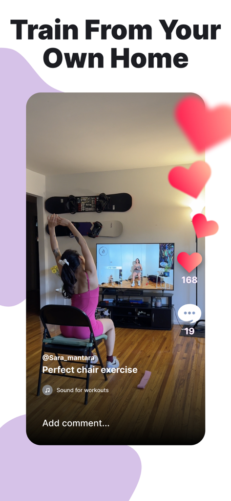 A woman following a seated chair dance workout in her living room