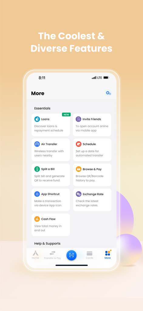 Interface of Vattanac Bank mobile app showing a variety of digital banking features like loans and currency exchange