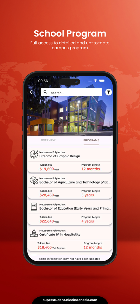 Super Student - A smartphone showing the Super Student app interface with a list of campus programs including tuition fees and course lengths for Melbourne Polytechnic.