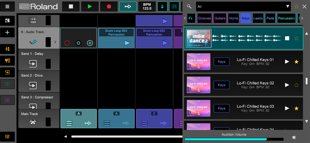 Roland Zenbeats - Roland Zenbeats app interface showing the loop builder and sound library with various audio tracks