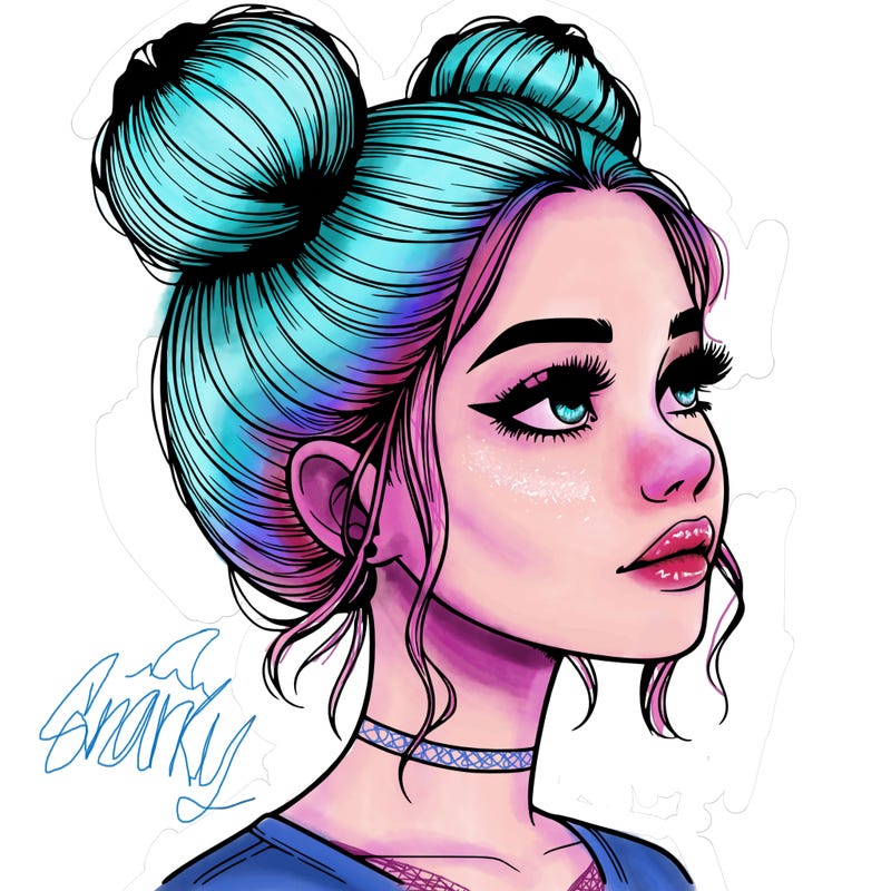 realistic girl with buns on the top of her head