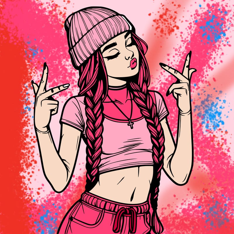 realistic teenage girl with braids and a beanie and crop top doing 🫶🏼