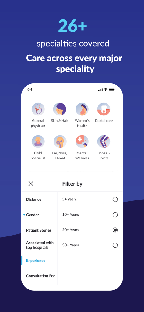 Practo - Consult Doctor Online - Practo app interface showing various medical specialties and a filter for doctor experience.