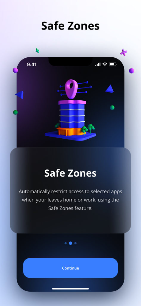 Shadow: Apps Restrictions - Shadow app Safe Zones onboarding screen showing location based app restrictions