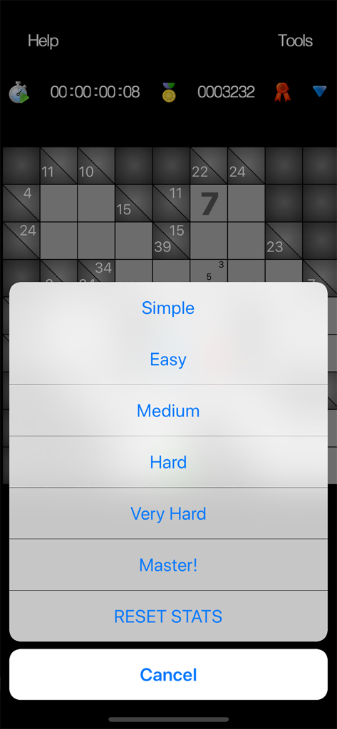 Difficulty level selection menu in the Kakuro u puzzle game app