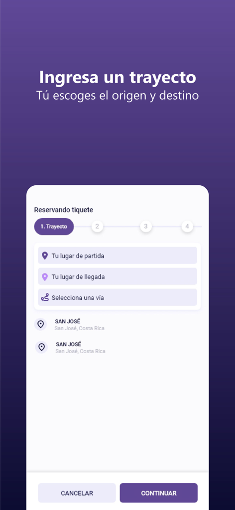 Passer Technologies - Pantalla de selección de ruta de tiquetes de autobús en la aplicación Passer Technologies