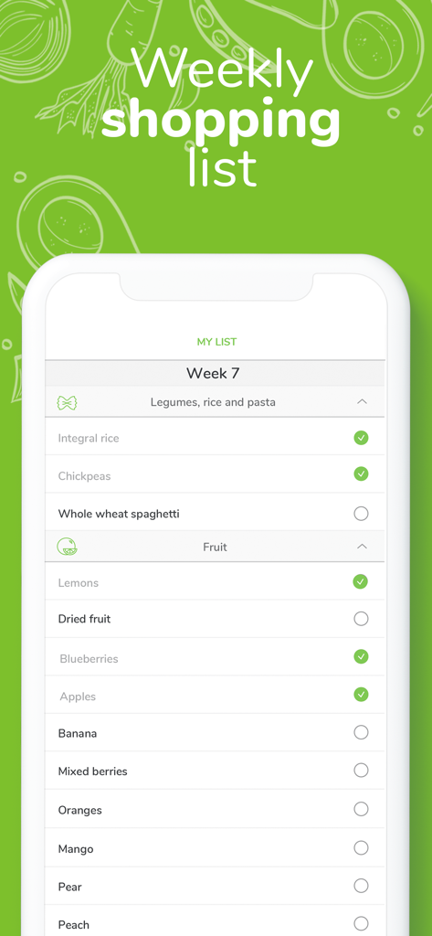 Weekly shopping list feature in the Nootric app showing grocery categories and healthy food items