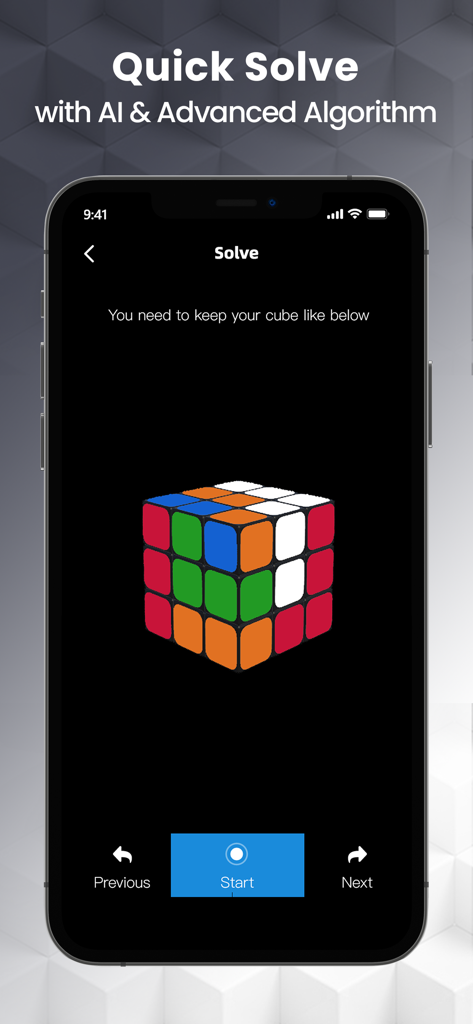 A mobile screen showing a 3D magic cube with instructions for a quick solve using AI and advanced algorithms.