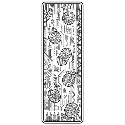 Embark on a coloring journey to a dystopian future with our Cyberpunk Hail Bookmark. This intricate design transforms frozen rain into high-tech, glowing capsules amidst a complex circuit board, offering a unique creative escape.