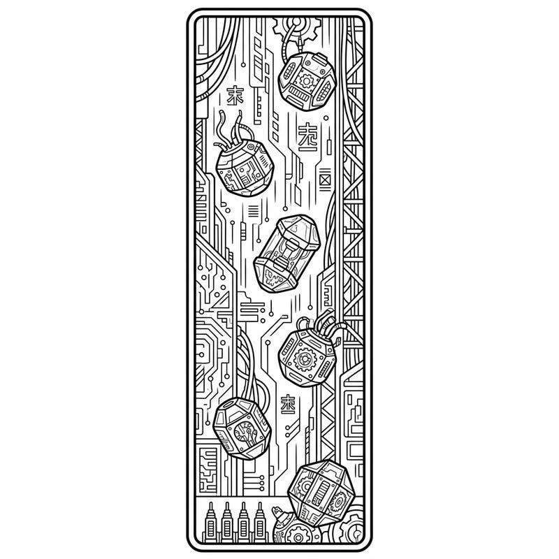 Embark on a coloring journey to a dystopian future with our Cyberpunk Hail Bookmark. This intricate design transforms frozen rain into high-tech, glowing capsules amidst a complex circuit board, offering a unique creative escape.