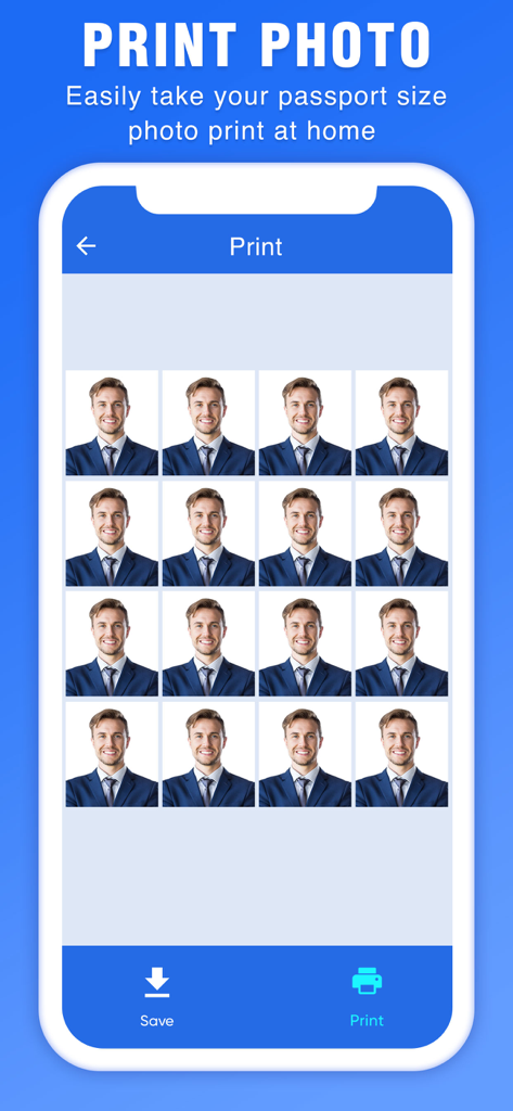 A mobile app interface displaying a grid of passport photos ready to be printed at home