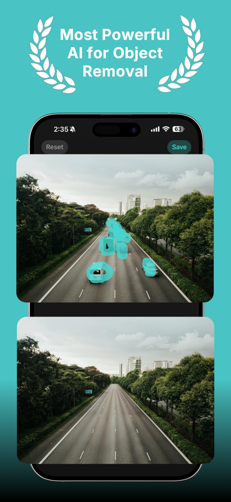 AI Object Removal - Vergleich von Vorher- und Nachher-Bildern, die das Entfernen von Autos auf einer Autobahn mit KI-Objektentfernungstechnologie zeigen