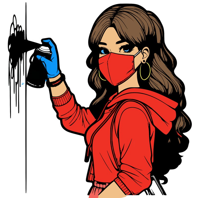 realistic girl with mask spray painting a wall