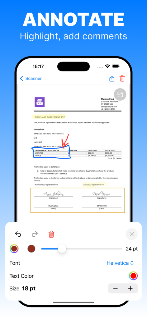 スキャンされたPDFドキュメントに注釈を付けたり、コメントを付けたりするための注釈ツールのインターフェースを示すモバイルアプリ。