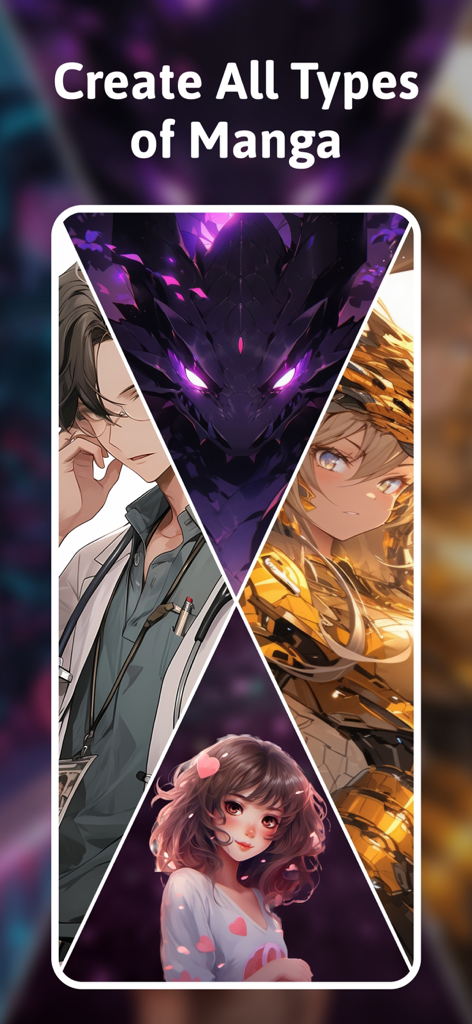 A collage showing different anime styles including a dragon and various characters for AI manga creation