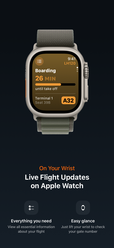 Track Live Flights - Mileways - Mileways flight tracking app on Apple Watch showing boarding status and gate details