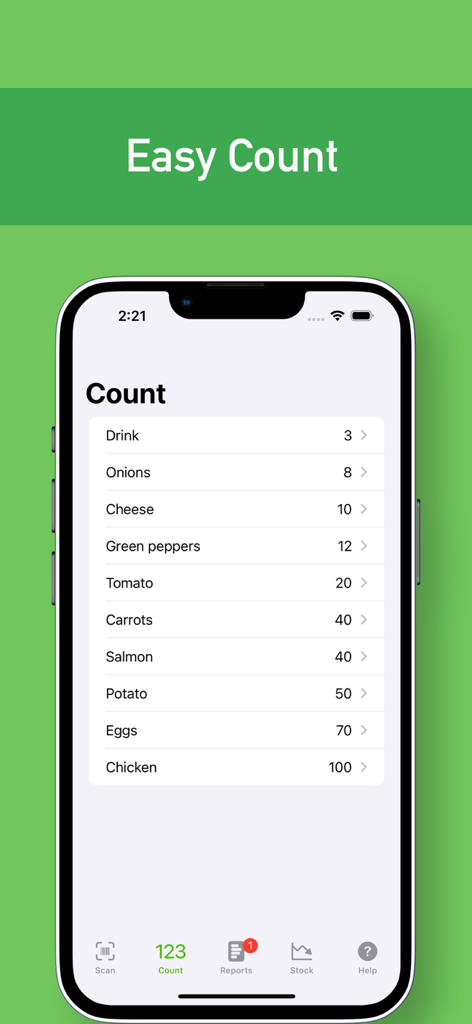 ChefStock 앱 인터페이스에 음식 품목 목록과 현재 재고 수량이 표시됨