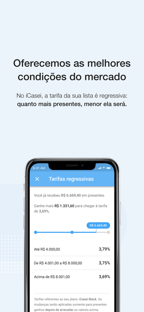 iCasei mobile app screen displaying regressive transaction fees for wedding gift lists
