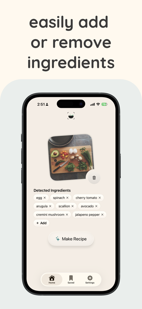 DishMe AI - DishMe AI interface for managing ingredients detected from a photo