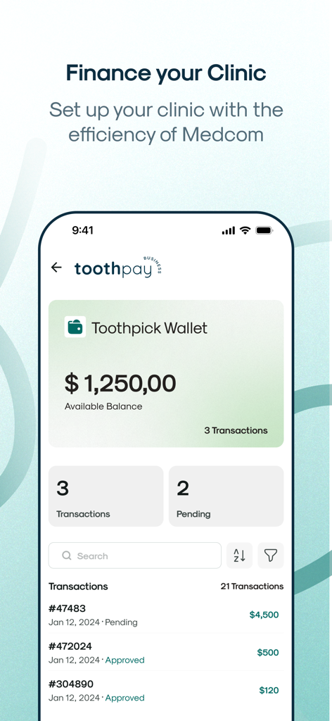 Interfaccia del dashboard Toothpay Business che mostra il saldo disponibile del portafoglio e le transazioni della clinica.