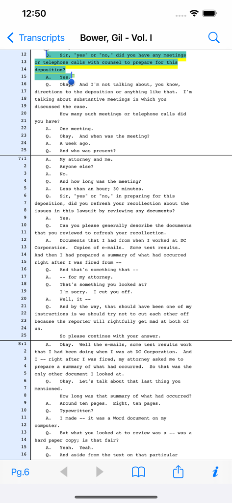 Case Notebook E-Transcript - Una transcripción judicial que se está revisando y resaltando dentro de la interfaz de la aplicación Case Notebook E-Transcript.