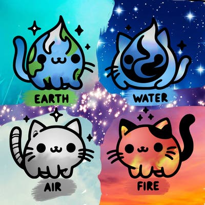 4 cats that represent the different elements, earth, water, air, and fire