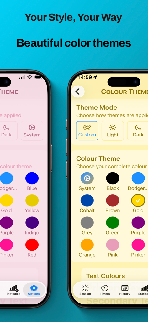 Claude Counter - Pantalla de la aplicación Claude Counter que muestra la selección de temas de color y la configuración del modo oscuro.