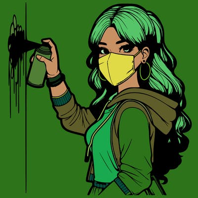 realistic girl with mask spray painting a wall