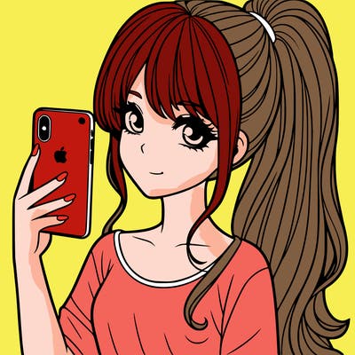 a realistic girl with a pony tail and a iphone