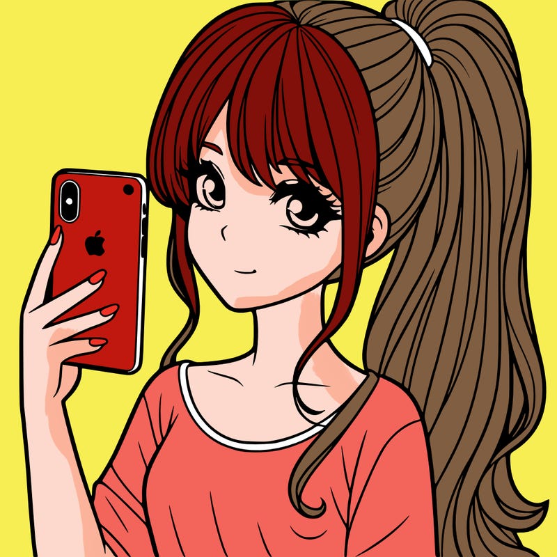 a realistic girl with a pony tail and a iphone