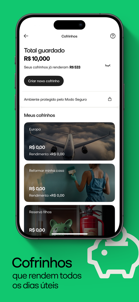 Tela do aplicativo móvel PicPay mostrando objetivos de economia em Cofrinhos com rendimento e detalhes de saldo