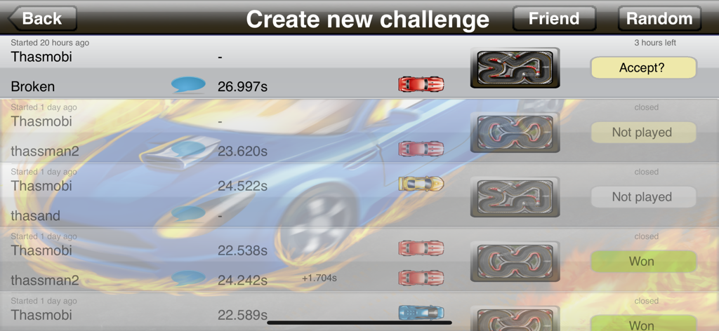 Tiny Racing - Tiny Racing game menu showing a list of race challenges against friends and random opponents with race times and results