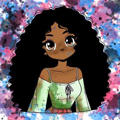 a black anime girl with long afro hair