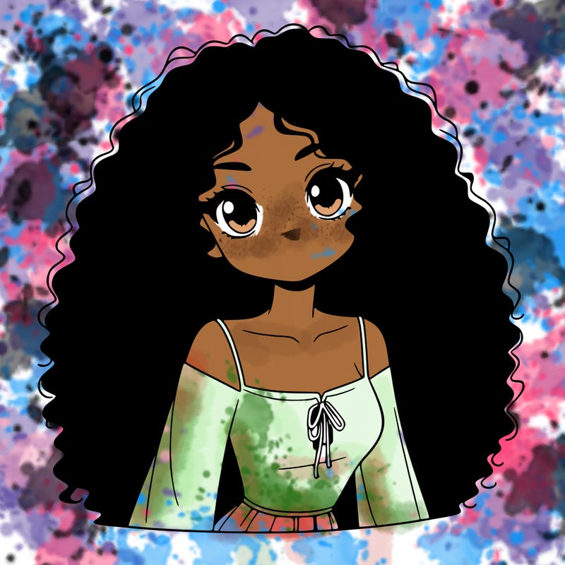 a black anime girl with long afro hair