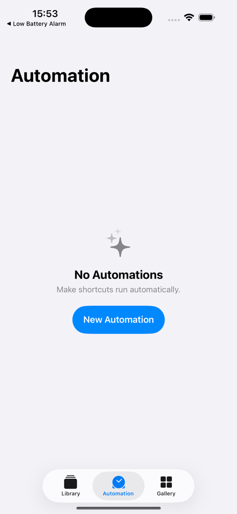 Low Battery Alert - Schermata di configurazione automazione vuota nell'app Avviso Batteria Scarica con un pulsante per creare una nuova automazione di comando rapido.