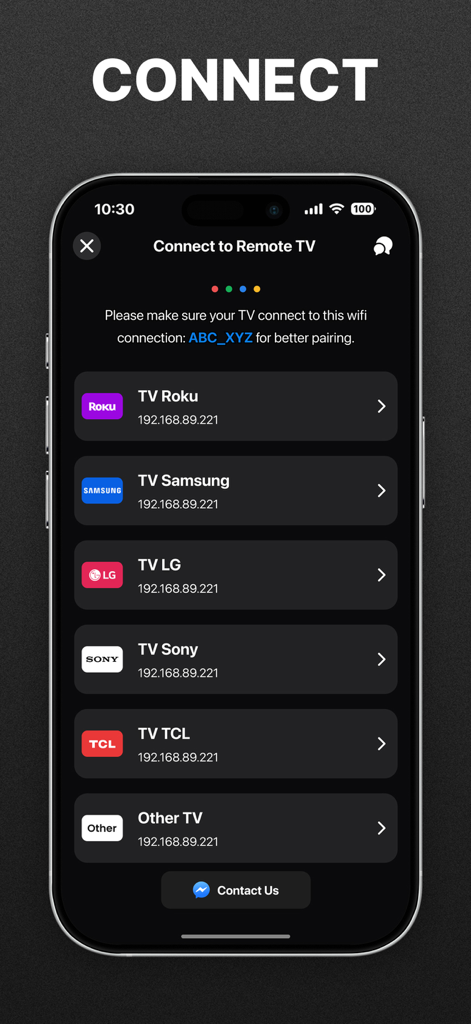 Ecrã da aplicação Universal Remote TV Control mostrando uma lista de marcas de smart TV conectáveis como Roku Samsung LG e Sony