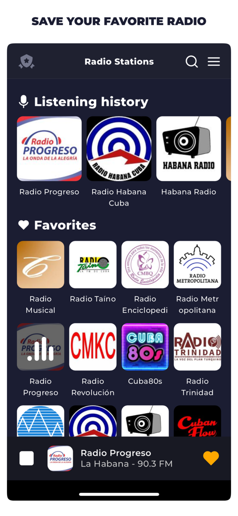 Radio Cuba Live FM AM Online - Interface of the Radio Cuba app showing the favorite stations and listening history sections with Cuban radio station logos