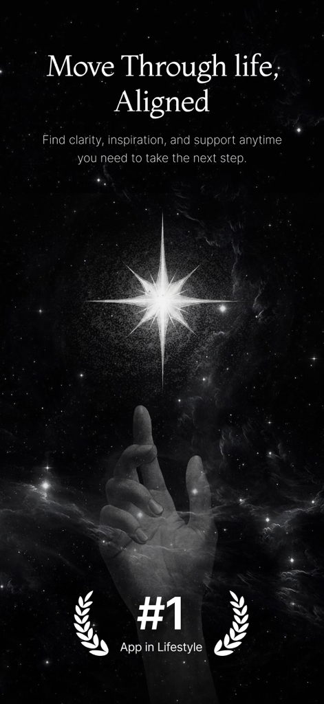 Promotional screen for Starla app featuring a hand reaching for a bright star in a galaxy background with the headline Move Through life Aligned.