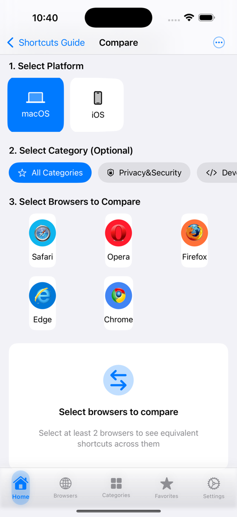 App-Oberfläche zum Vergleichen von Tastenkombinationen zwischen verschiedenen Webbrowsern auf macOS- und iOS-Plattformen